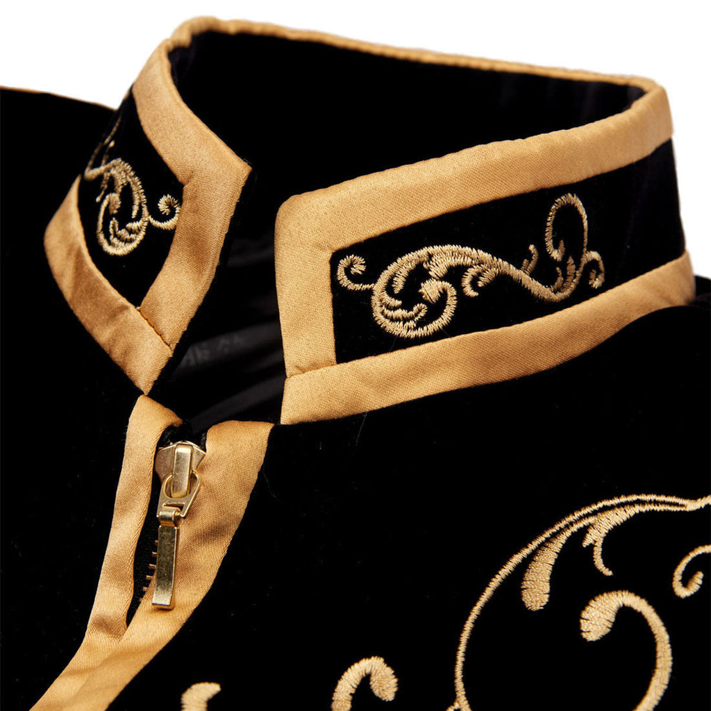 Men's Damask Embroidery Court Madarin Collar Black Jacket with Zipper