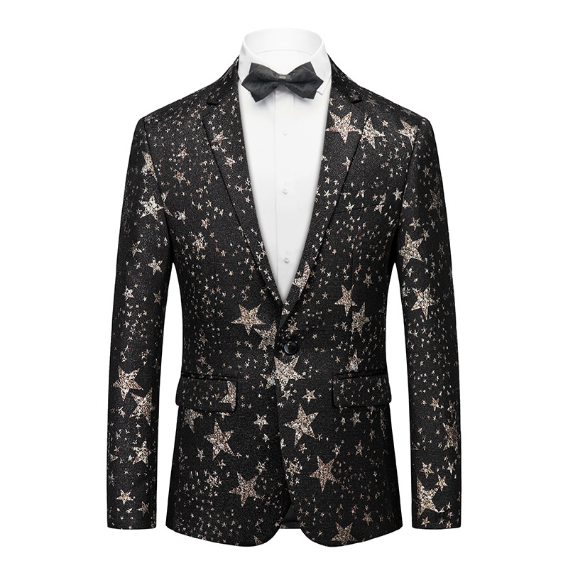Men's Peak Lapel Gold Stars Printed Black Tuxedo Jacket