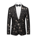 Men's Peak Lapel Gold Stars Printed Black Tuxedo Jacket