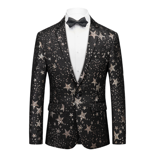 Men's Peak Lapel Gold Stars Printed Black Tuxedo Jacket