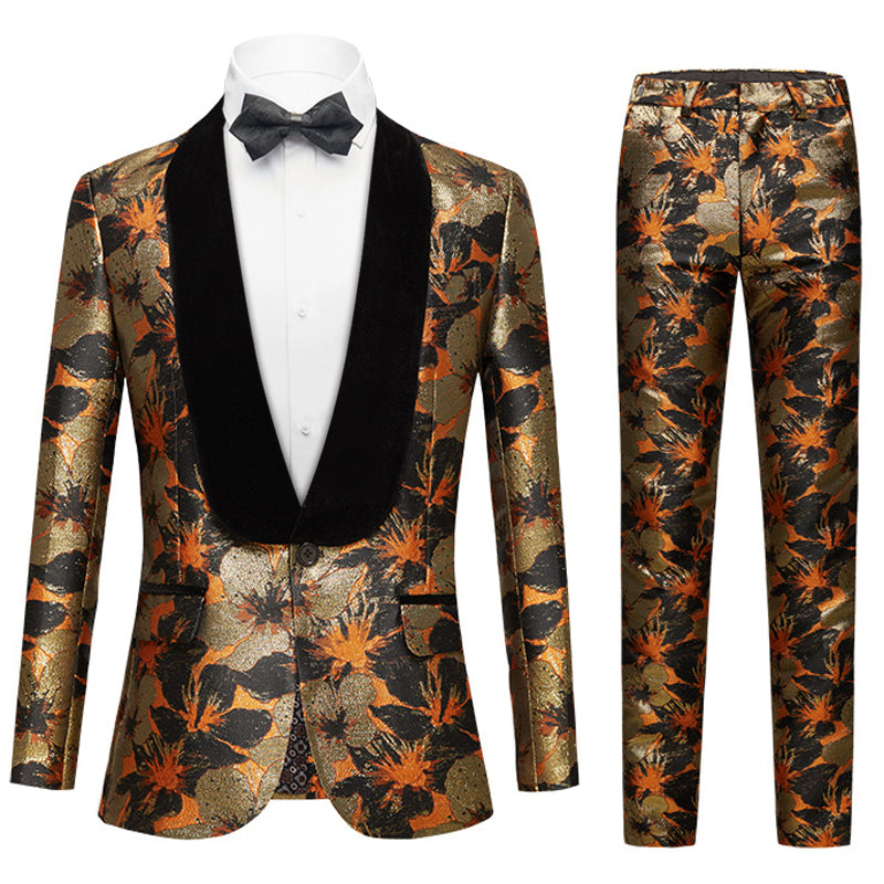 Men's 2-Piece Gold and Black Floral Jacquard Shawl Collar Tuxedo