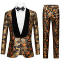 Men's 2-Piece Gold and Black Floral Jacquard Shawl Collar Tuxedo