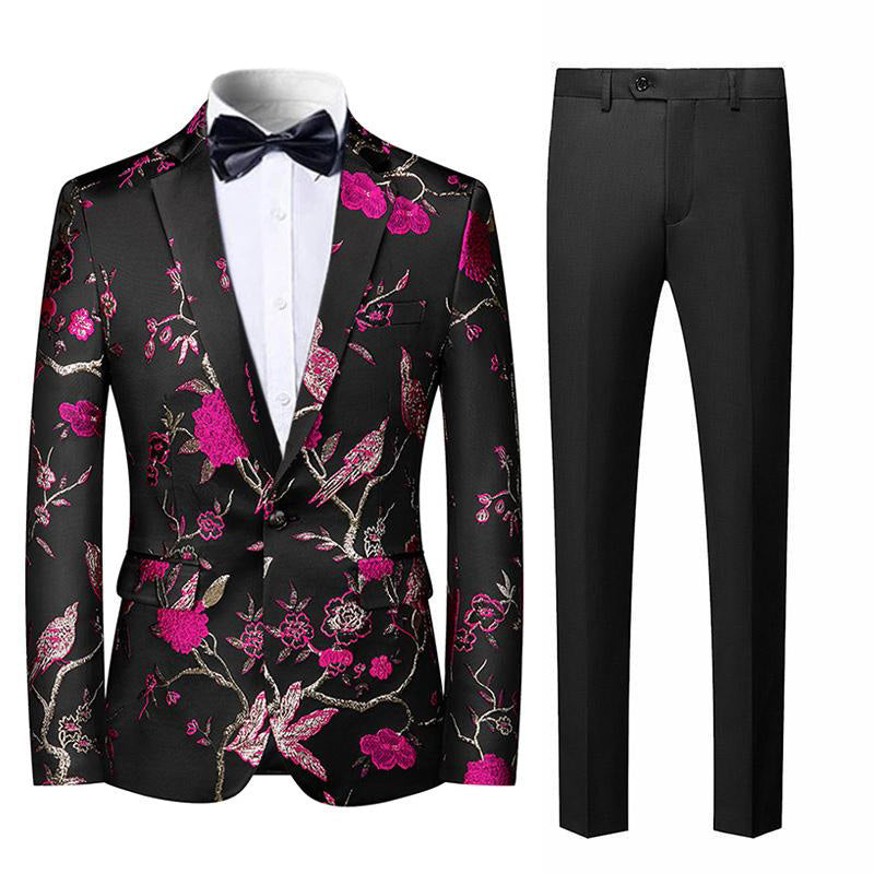 Men's 2-Piece Golden Magenta Birdsong Forest Embroidery Suit