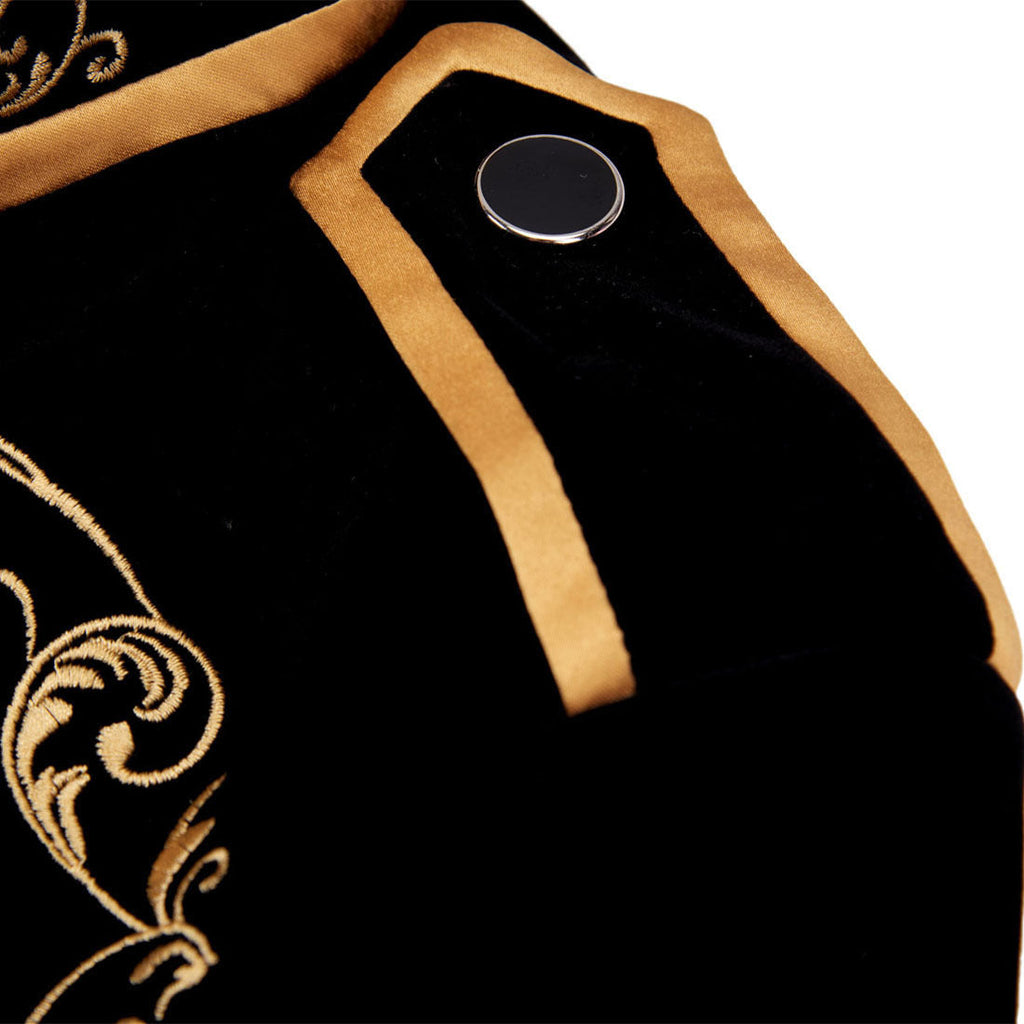 Men's Damask Embroidery Court Madarin Collar Black Jacket with Zipper