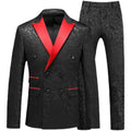 Men's 3-Piece Jacquard Red Peak Lapel Double Breasted Black Tuxedo