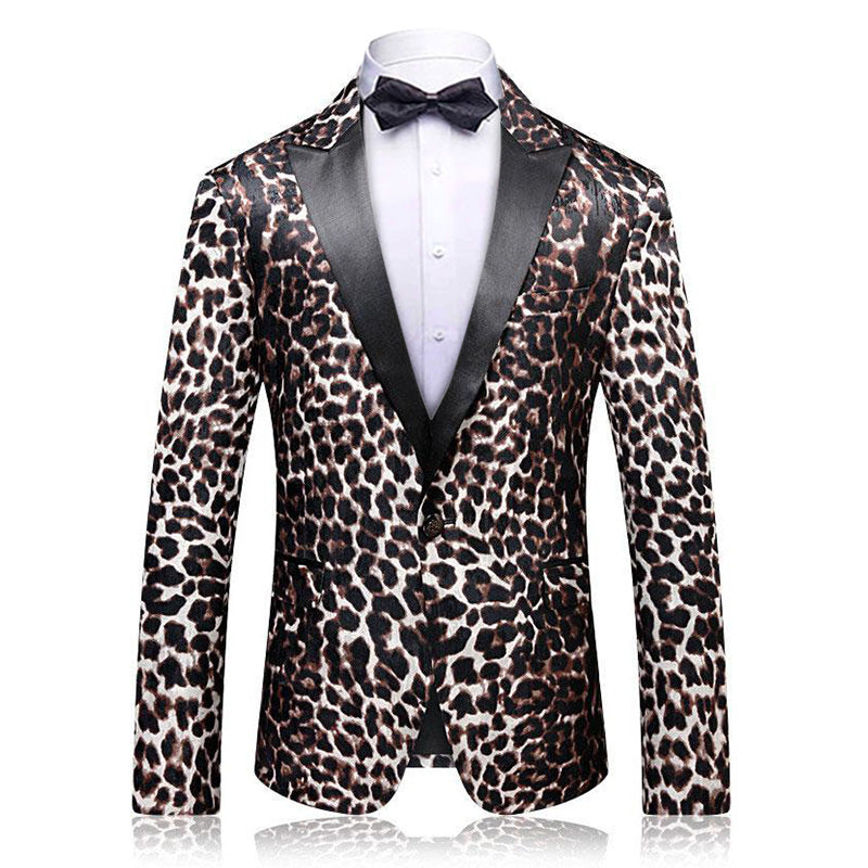 Men's Peak Lapel Leopard Print Peak Lapel Black Blazer