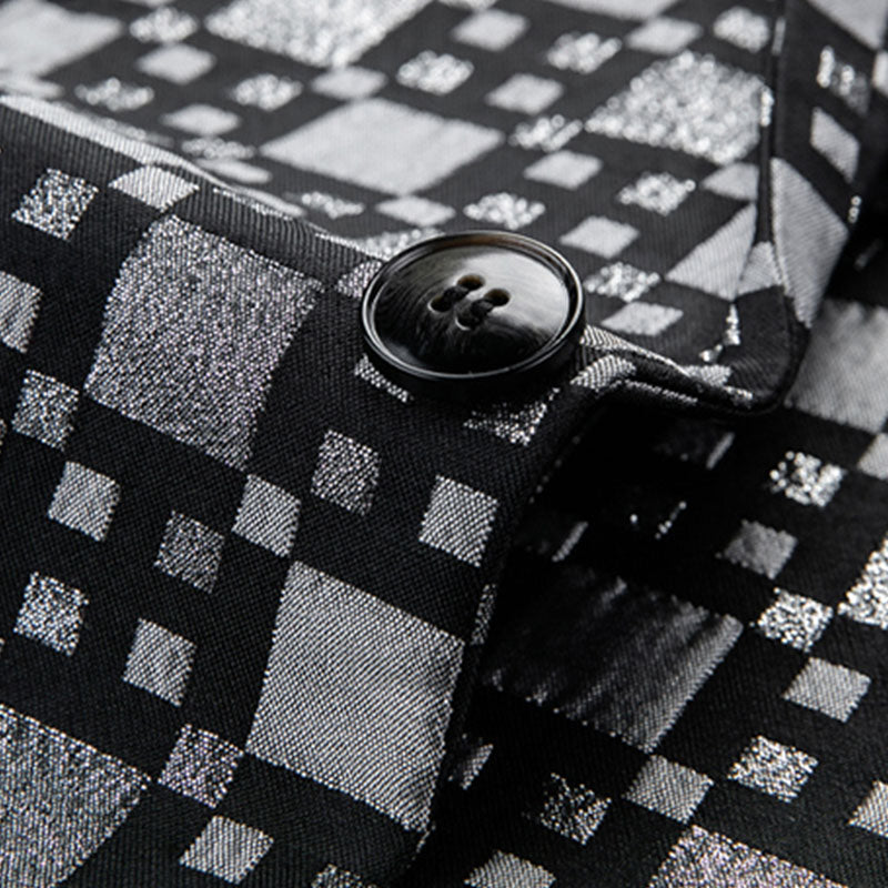 Men's Peak Lapel Woven Black and Silver Plaid Tuxedo