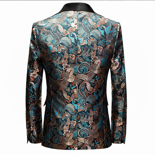 Men's Botanical Jacquard Peak Lapel Dark Teal Tuxedo