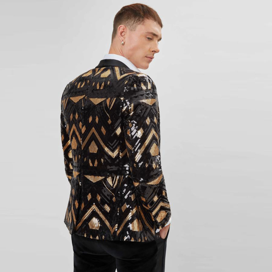 Men's Full Sequin Golden Geometric Pattern Black Tuxedo Jacket