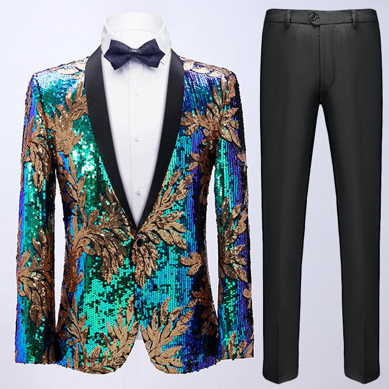 Men's Full Sequin Teal Green Tuxedo with Gold Olive Leaf Patterns