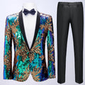 Men's Full Sequin Teal Green Tuxedo with Gold Olive Leaf Patterns