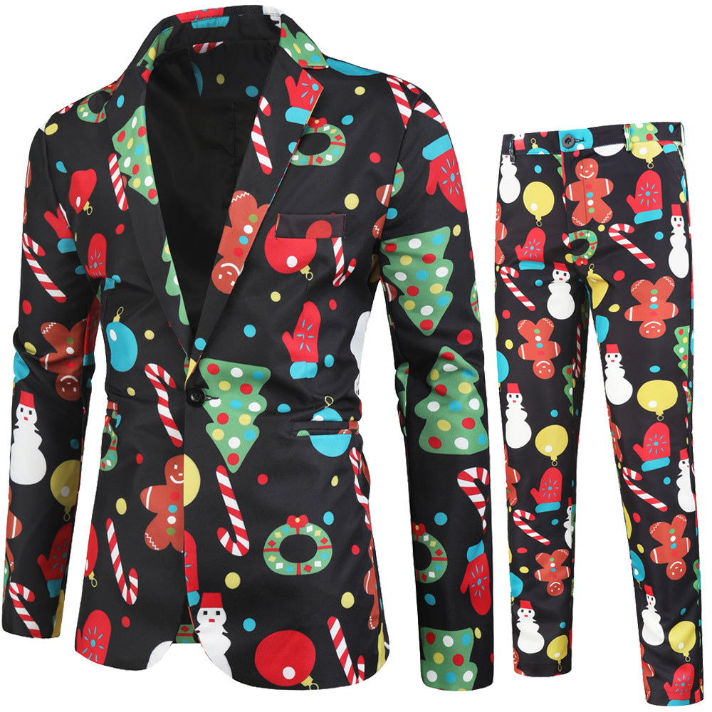 Men's 3-Piece Christmas Candy Printed Green Suit