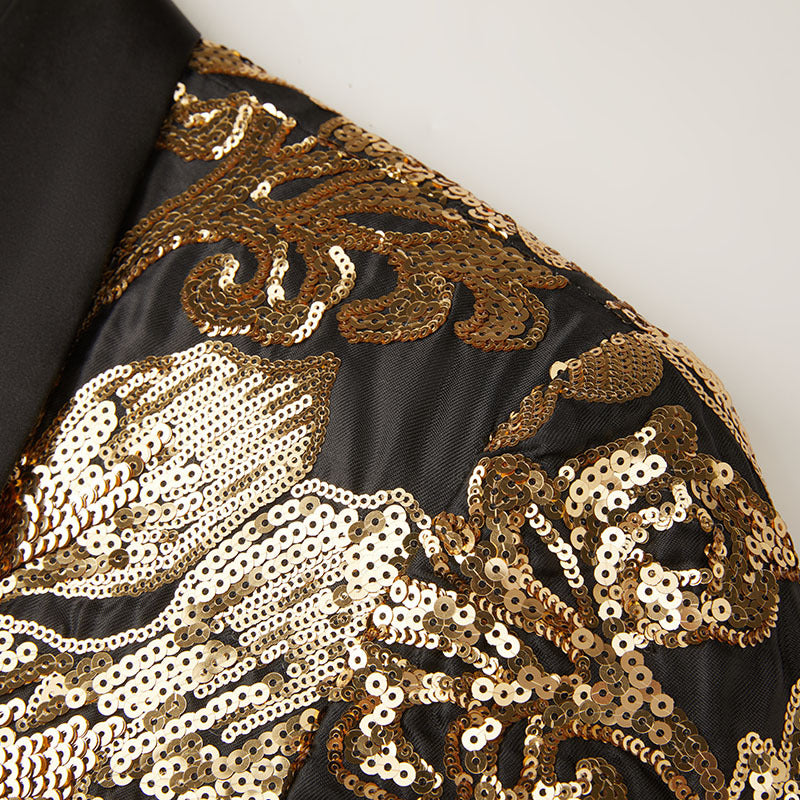 Men's Gold Floral Sequin Embroidered Black Tuxedo