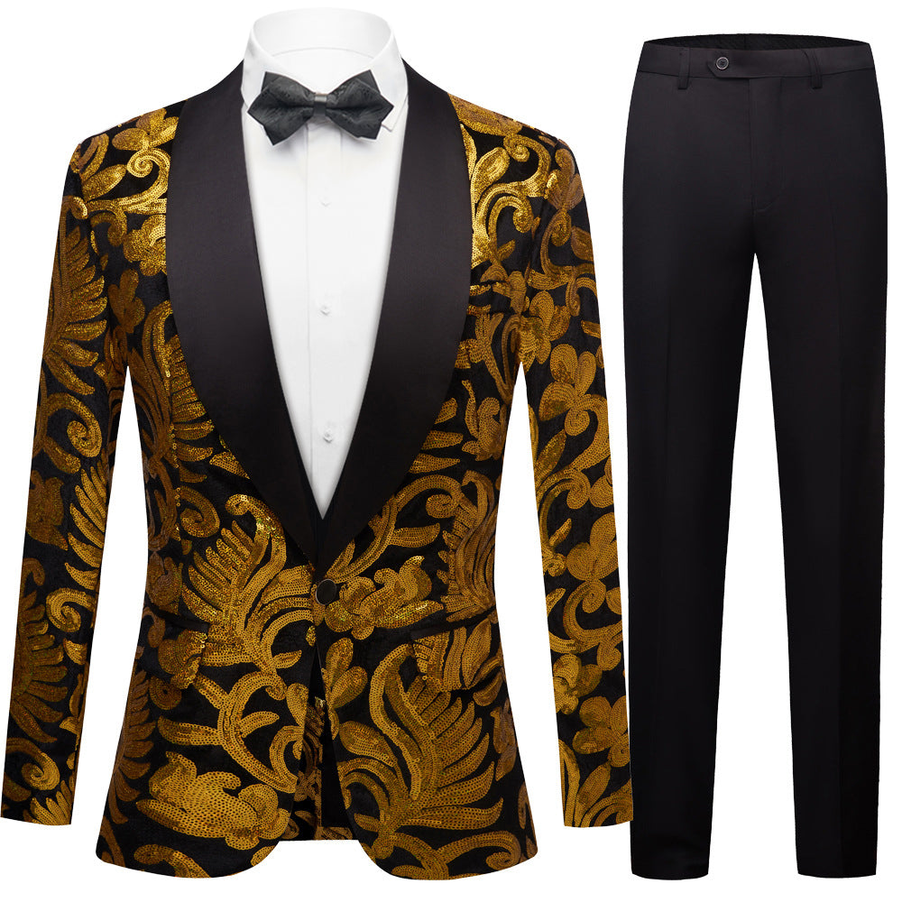 Men's Gold Sequin Floral Embroidery Shawl Collar Black Tuxedo