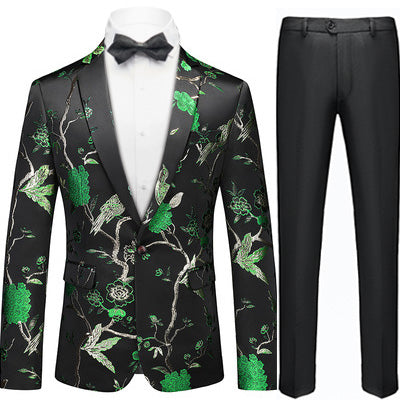 Men's 2-Piece Forest Green Tuxedo Embroided Bird and Flower