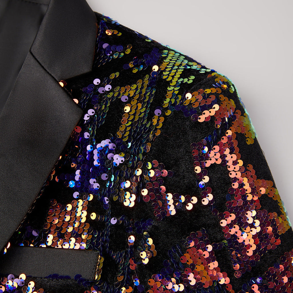 Men's Fashion Full Sequin Embroidered Dark Purple and Black Blazer
