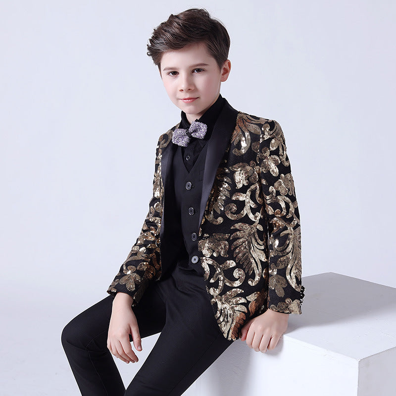 Boy's 3-Piece Suit Sequin Tuxedo Shawl Collar Gold