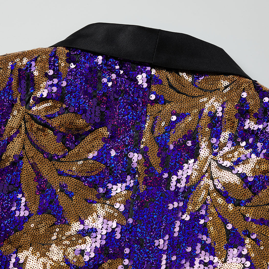 Men's Full Sequin Purple Tuxedo with Gold Olive Leaf Patterns