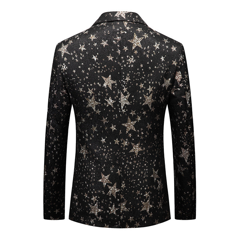 Men's Peak Lapel Gold Stars Printed Black Tuxedo Jacket