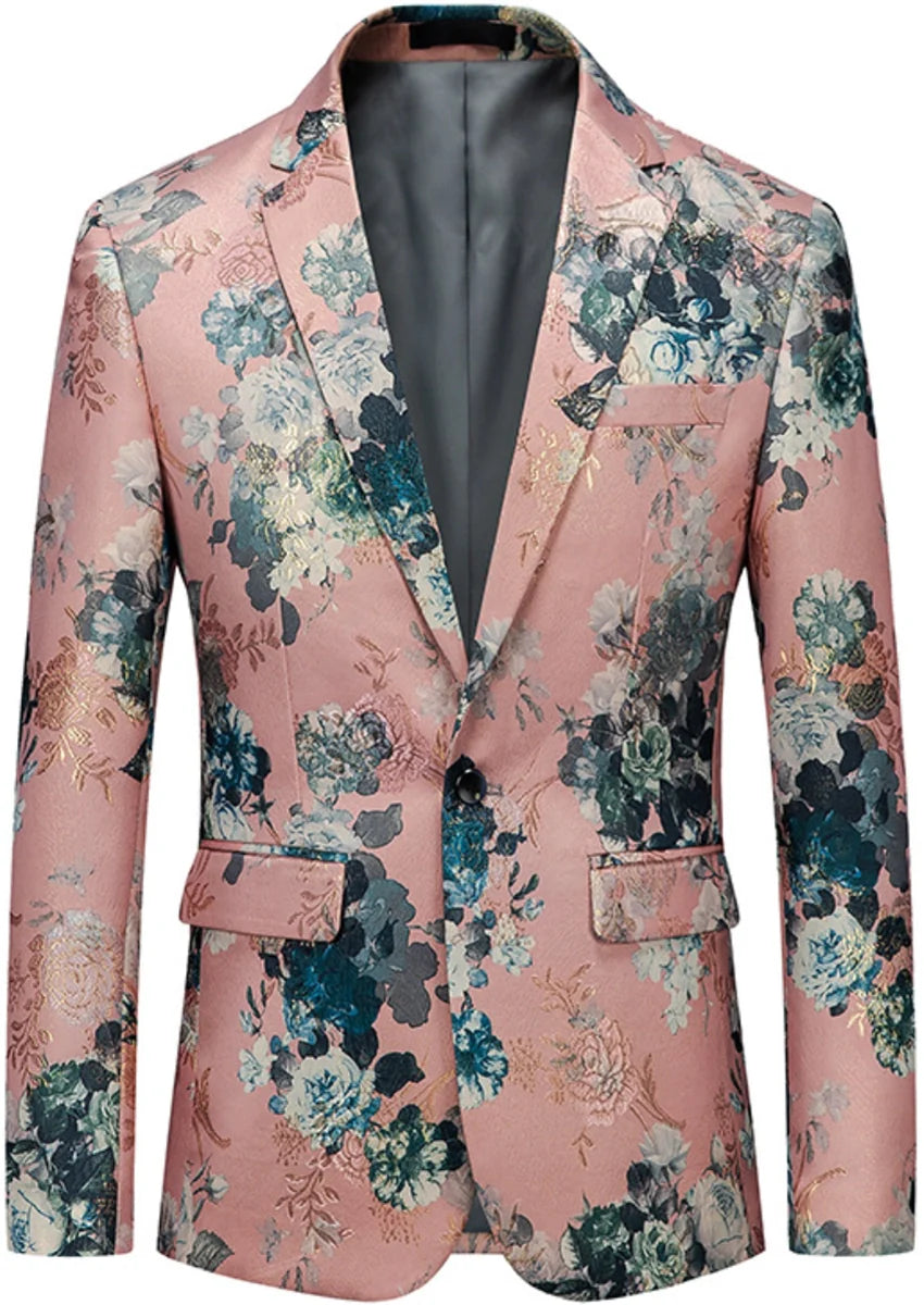 Men's One Button Notched Lapel Blue Jacquard Pink Suit Jacket