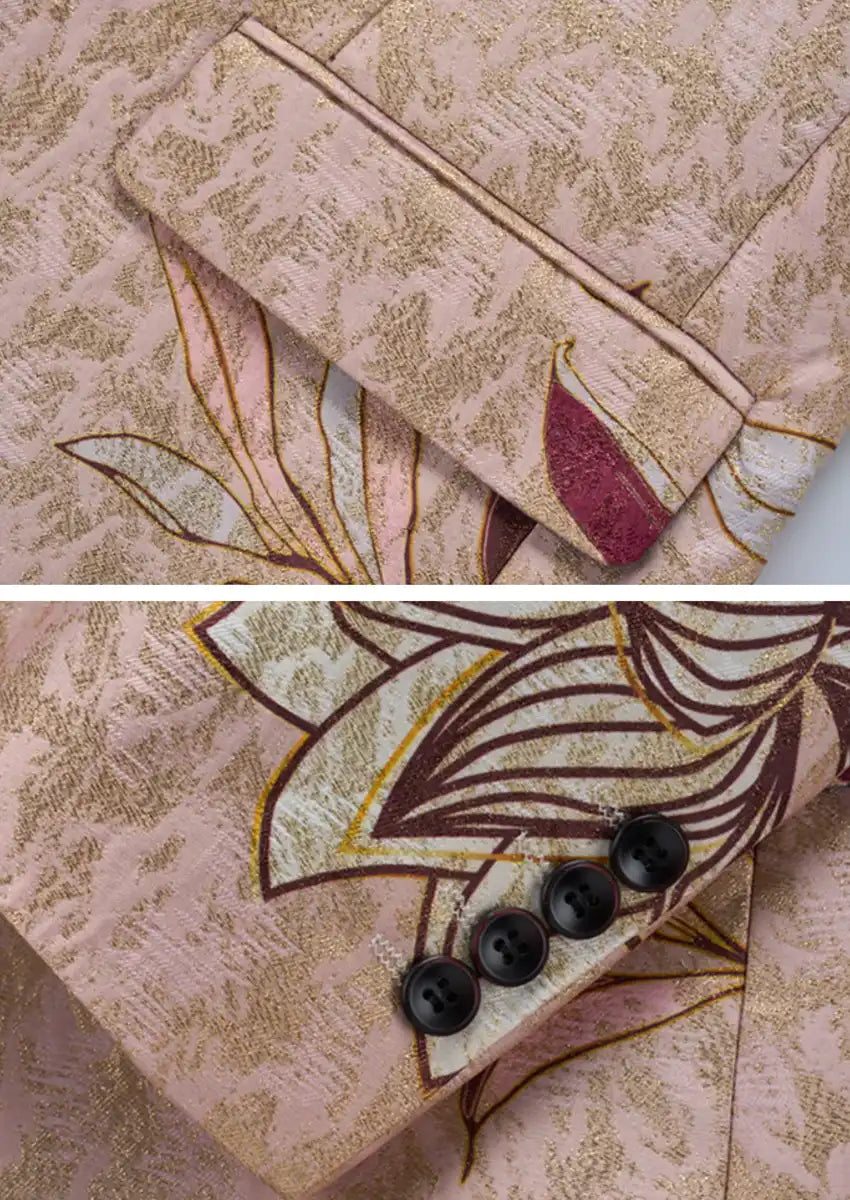 Men's One-Button Slim Fit Floral Jacquard Pink Jacket