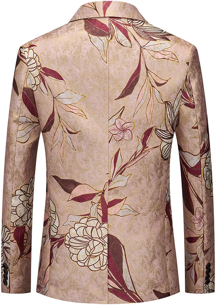 Men's Notched Lapel One-Button Slim Fit Floral Jacquard Pink Blazer