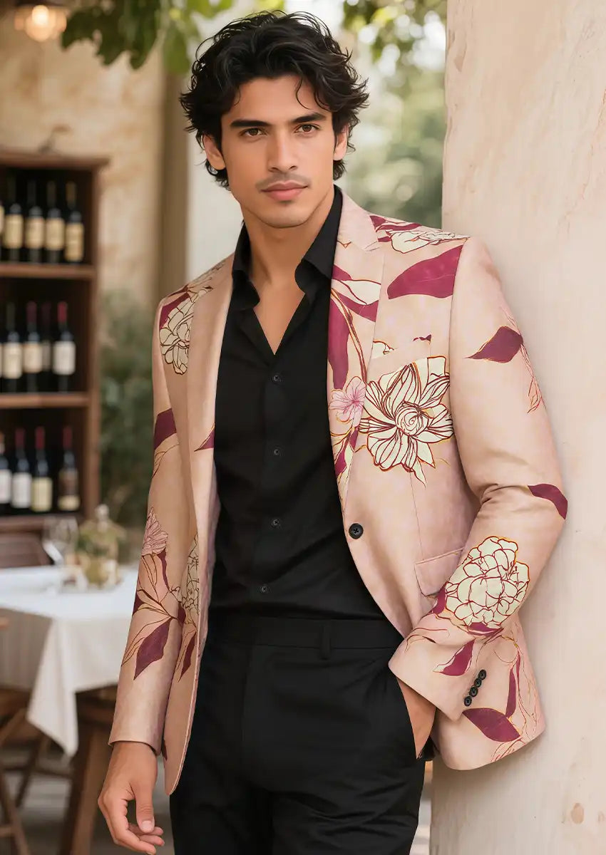 Men's Notched Lapel One-Button Slim Fit Floral Jacquard Pink Blazer
