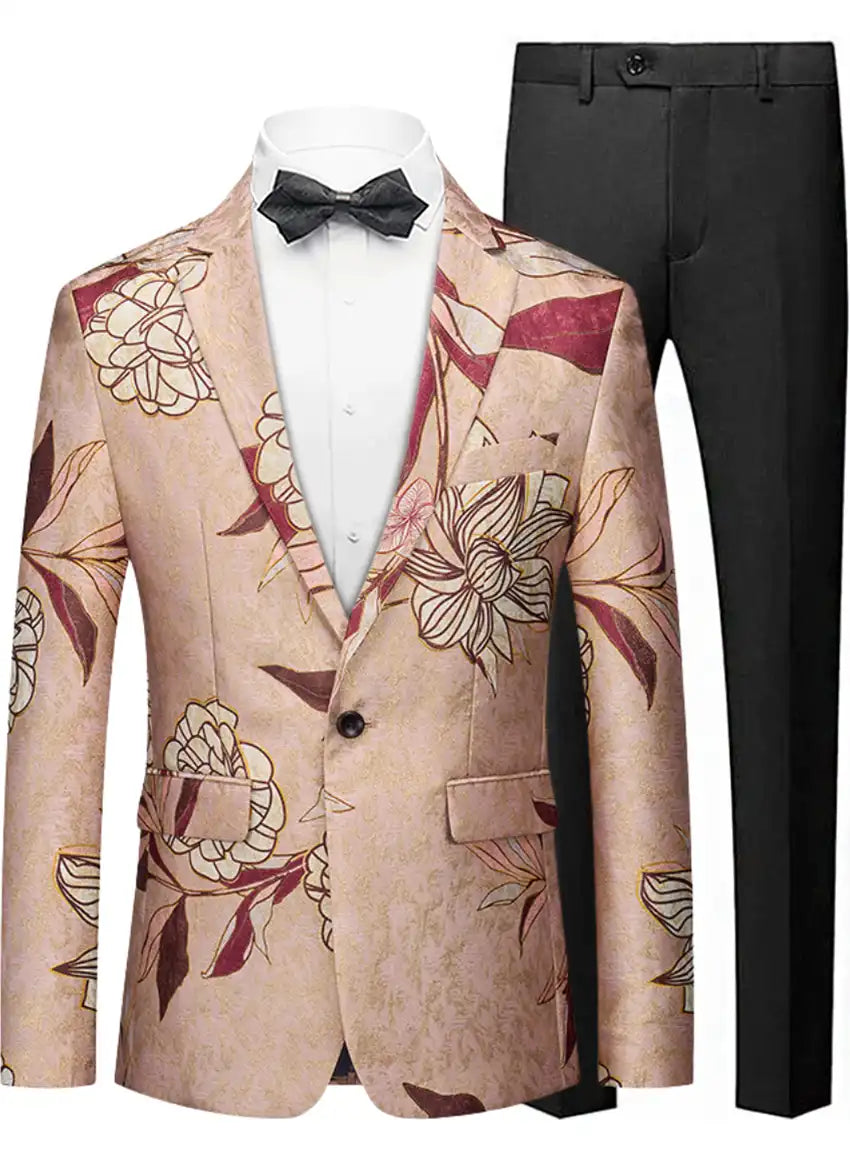 Men's Notched Lapel One-Button Slim Fit Floral Jacquard Pink Blazer