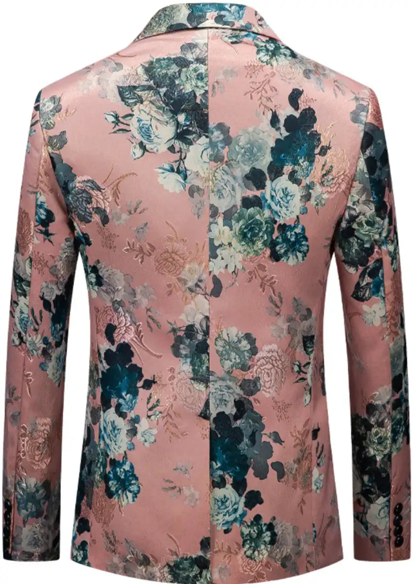 Men's One Button Notched Lapel Blue Jacquard Pink Suit Jacket
