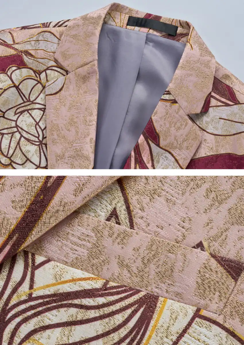 Men's One-Button Slim Fit Floral Jacquard Pink Jacket