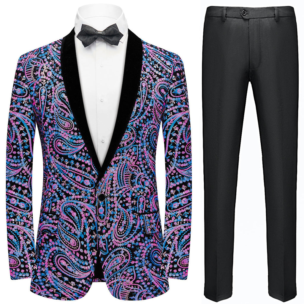 Men's Sequin Purple and Blue Paisley Black Suit