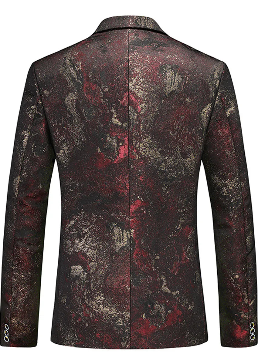 Men's Slim Fit One-Button Abstract Print Brown Jacket