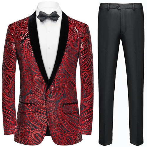 Men's Sequin Burgundy Paisley Black Suit