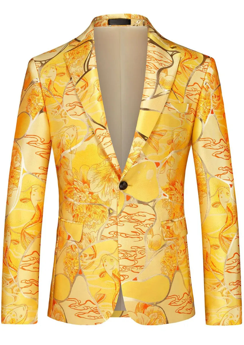 Men's Slim-Fit Floral Jacquard with Gold Accents Gold Blazer