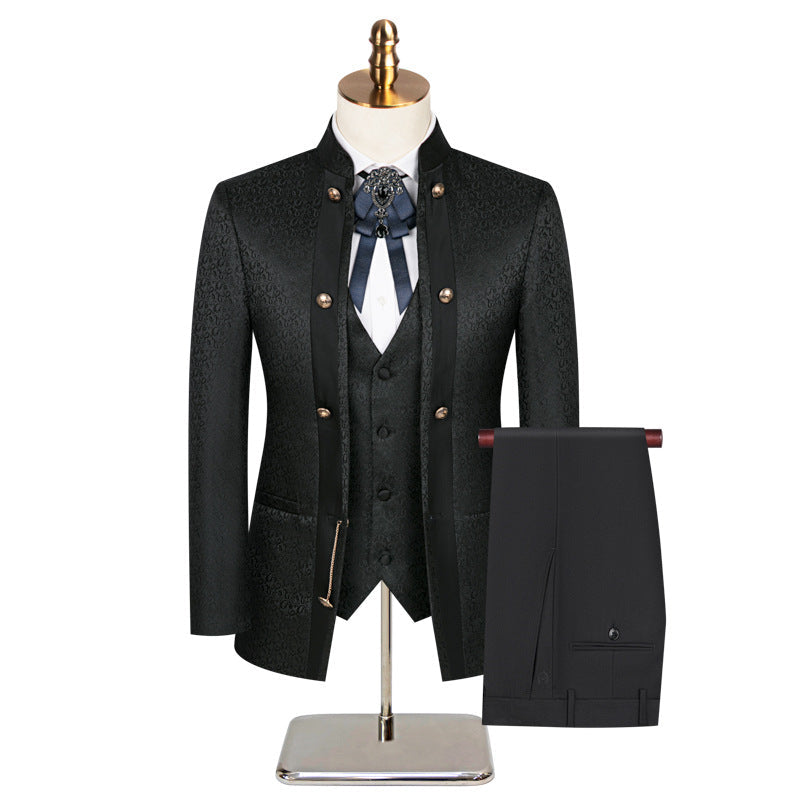 Men's 3-Piece Traditional Collar Black Paisley Fitted Party Suit