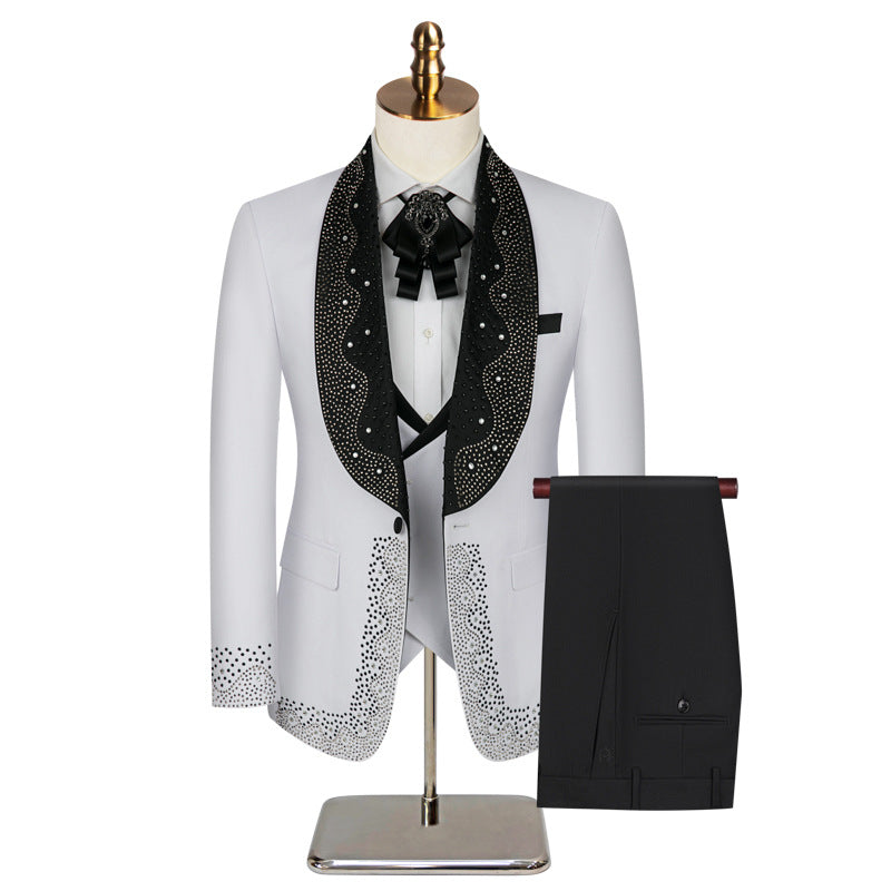 Men's Three-Piece Rhinestone Embellishments Wedding White Tuxedo