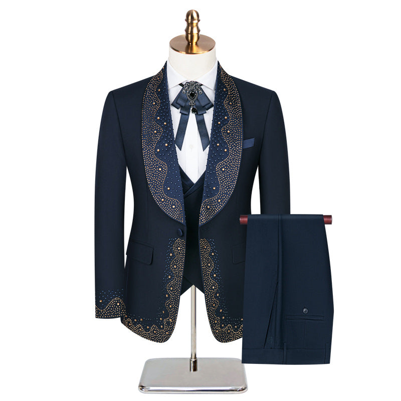 Men's 3-Piece Rhinestone Embellishments Wedding Dark Blue Tuxedo