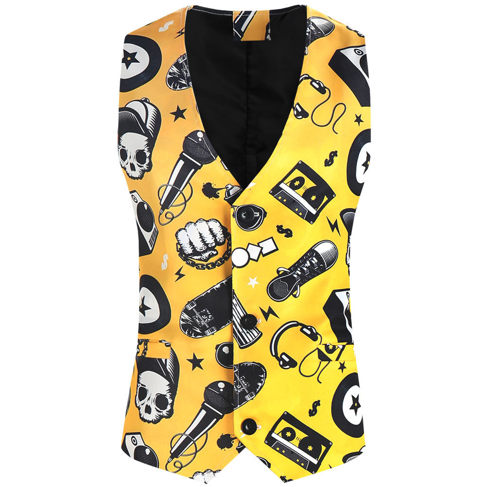 Men's Fashionable Music Festival Suit Vibrant Yellow Skull Patterned