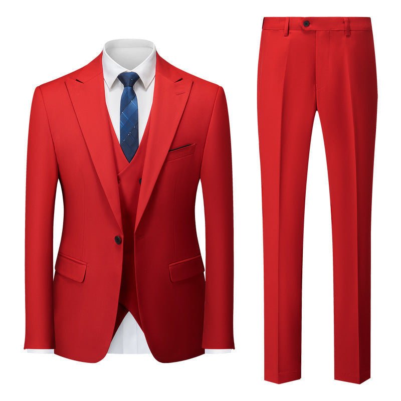 Men's Three-Piece One-Button Red Wedding Suit