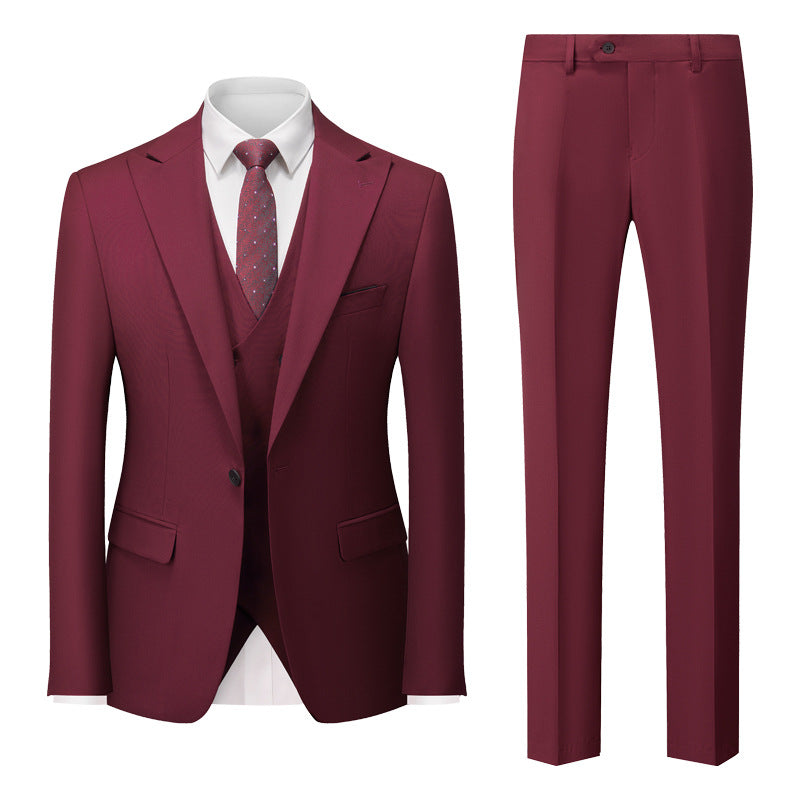 Men's Three-Piece One-Button Burgundy Wedding Suit