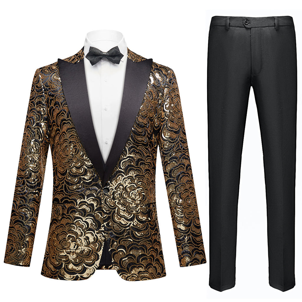 Men's Gold Floral Embroidered Sequin Black Tuxedo