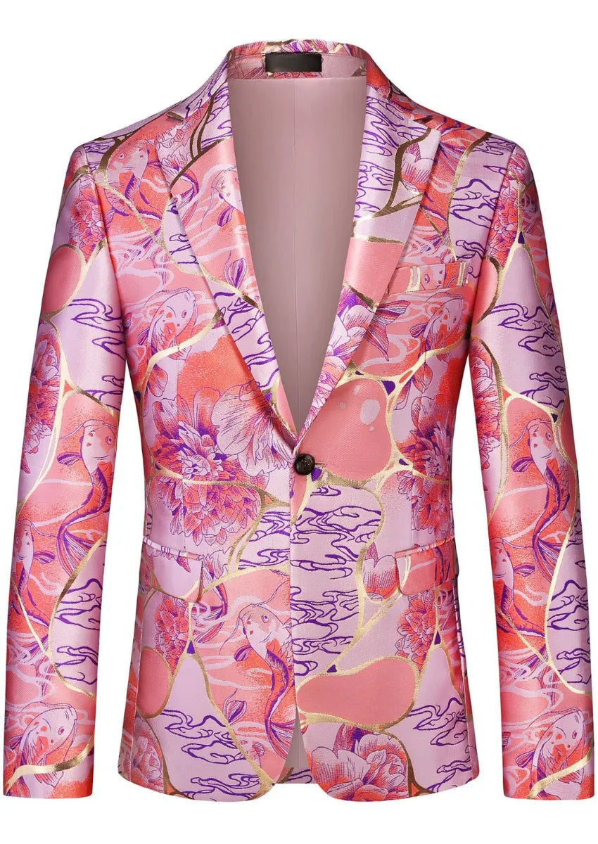 Men's Slim-Fit Floral Jacquard with Gold Accents Pink Blazer
