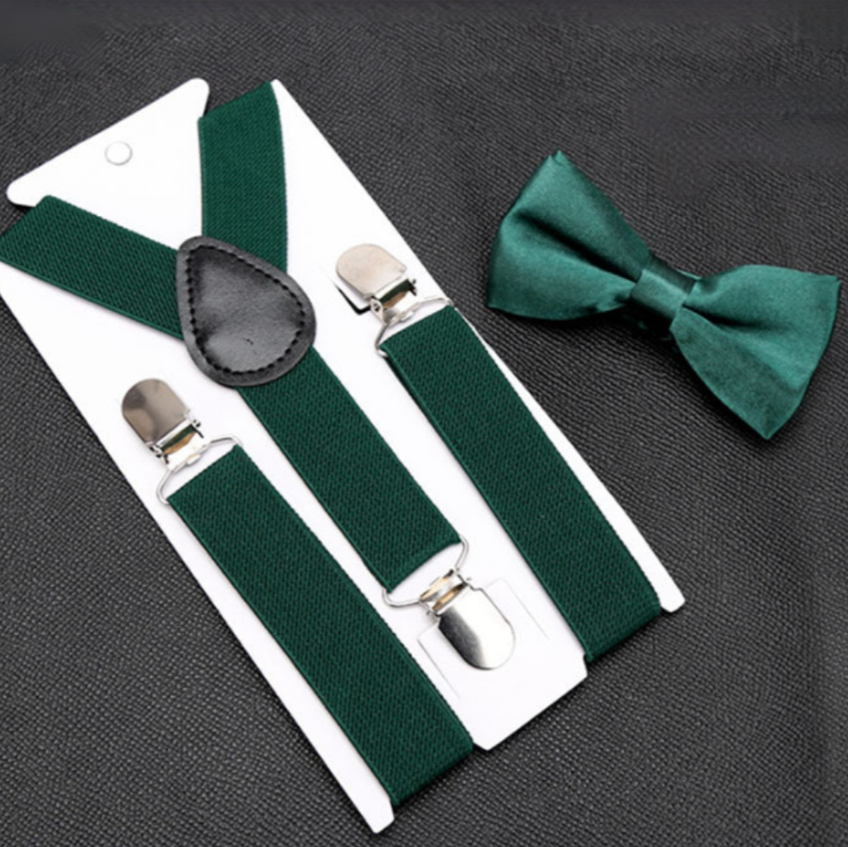 Men's Classic Green Bow Tie & Suspenders Set