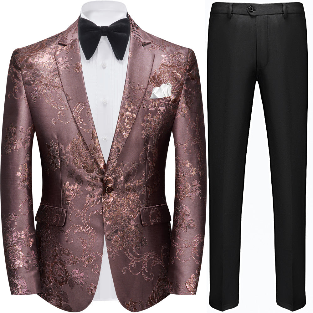 Men's Notched Lapel One Button Jacquard Brown Tuxedo