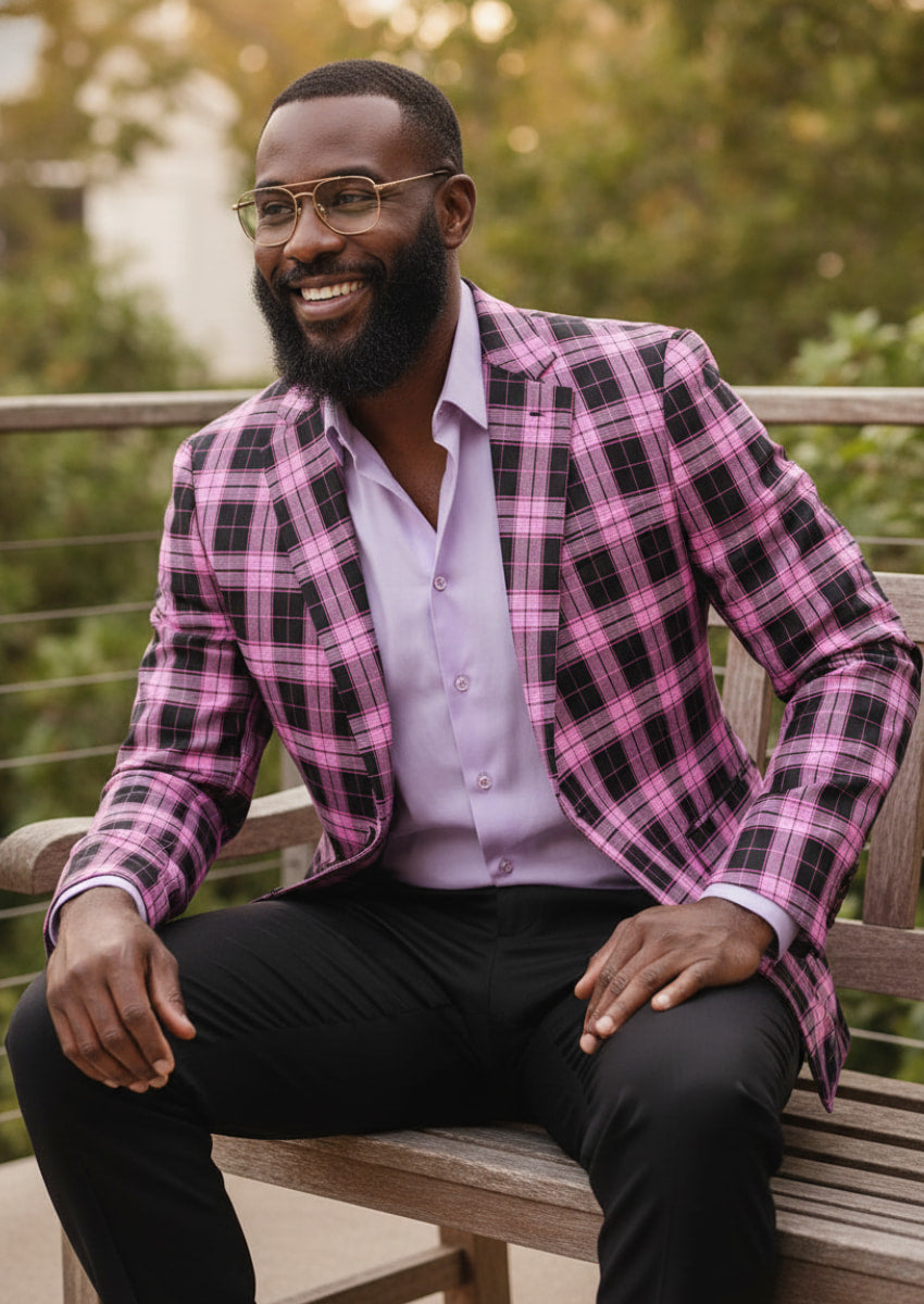 Men's Plaid Slim Fit Purple and Black Plaid Blazer