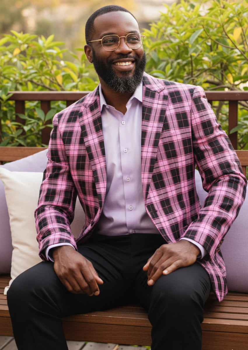 Men's Plaid Slim Fit Purple and Black Plaid Blazer