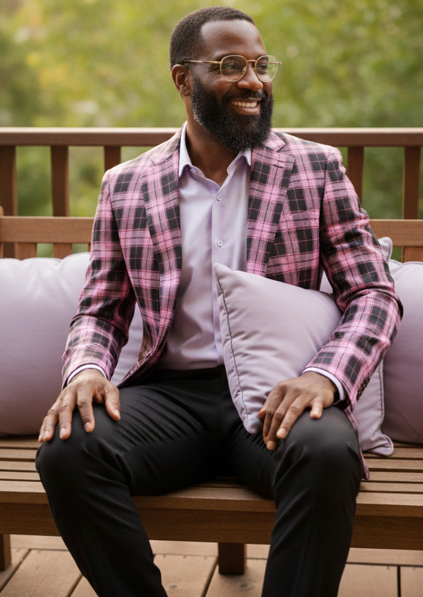 Men's Plaid Slim Fit Purple and Black Plaid Blazer