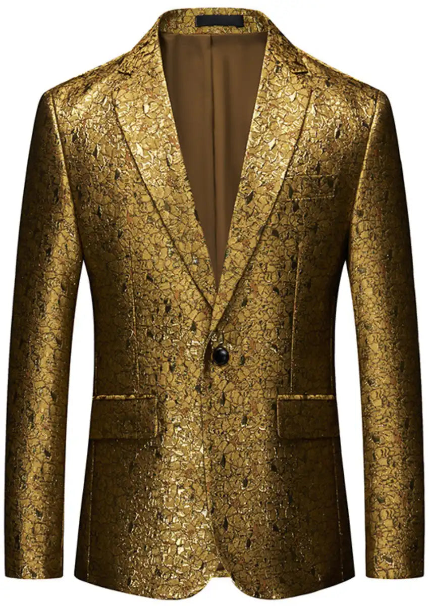 Men's One Button Notched Lapel Gold Metallic Crackle Blazer