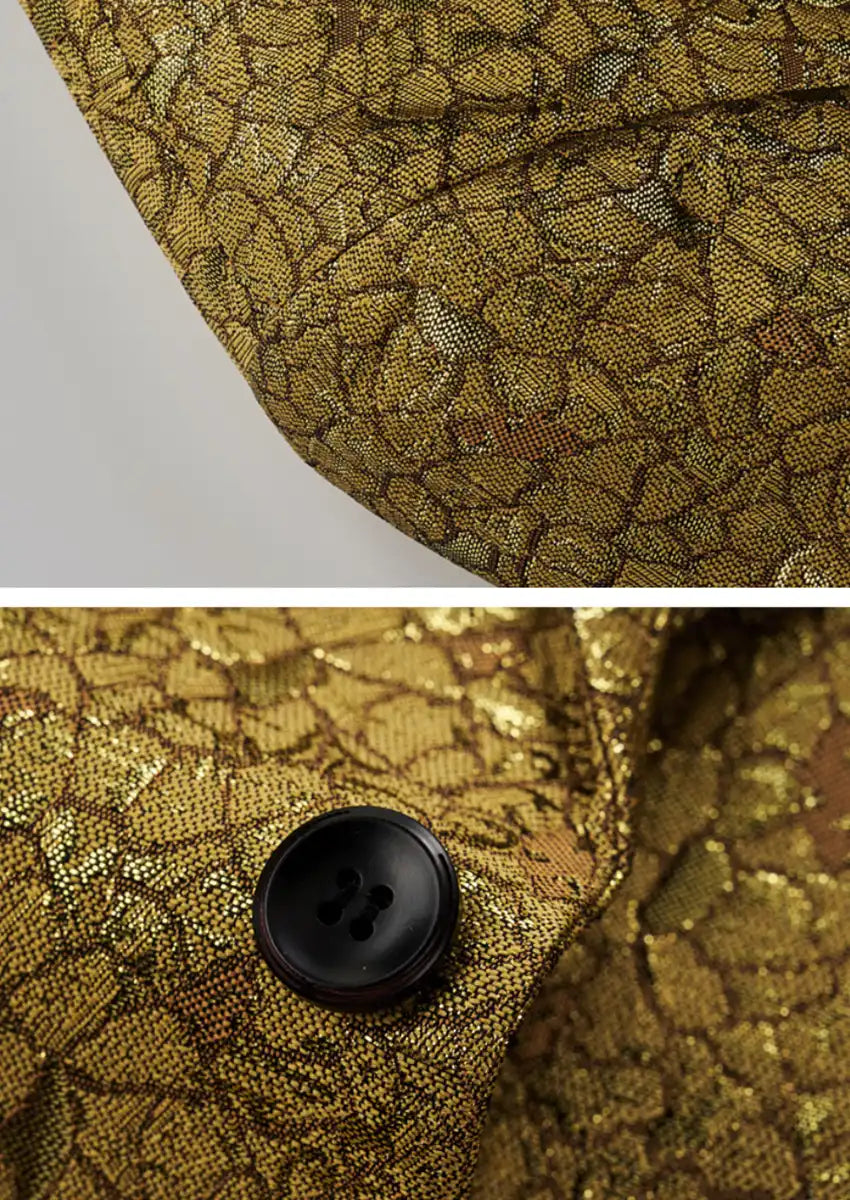 Men's One Button Notched Lapel Gold Metallic Crackle Suit