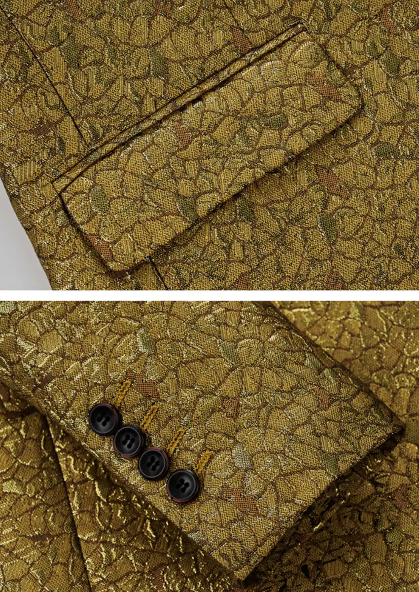 Men's One Button Notched Lapel Gold Metallic Crackle Suit